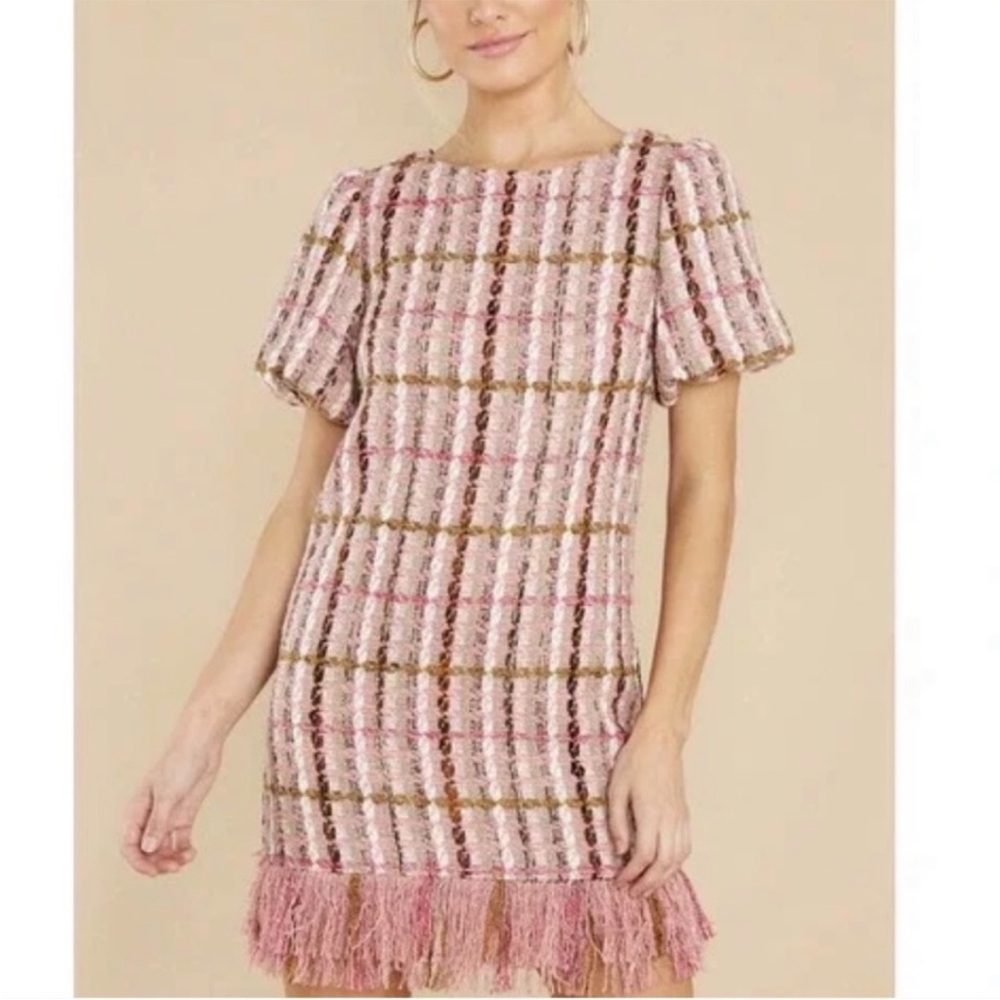 Aura Pink Plaid Fringe Tweed Mini Dress
